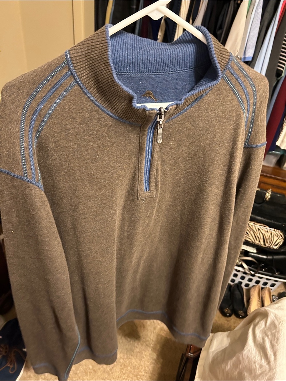 Tommy Bahama Brown Quarter-Zip Sweater with Blue Trim